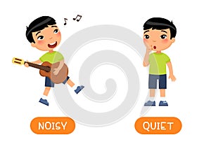 NOISY and QUIET Illustration of opposites. Little asian boy splaying guitar and the girl is silent.