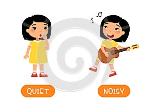 NOISY and QUIET Illustration of opposites. Little asian girl splaying guitar and the girl is silent.