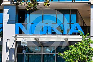 Nokia logo on corporate campus in Silicon Valley. Nokia is Finnish multinational telecommunications, information technology,