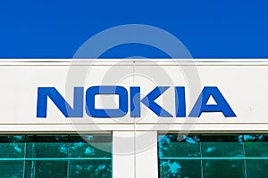 Nokia sign on a corporate campus in Silicon Valley. Nokia is Finnish multinational telecommunications, information technology,