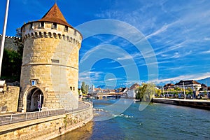 Nolliturm tower and Reuss river waterfront in Lucerne view