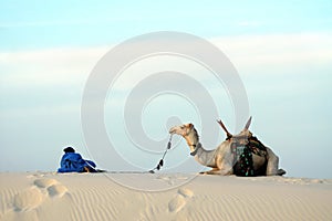 Nomad and camel on a sand dune