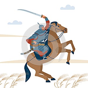 Nomad mongol man riding brown horse in steppe holding sword attacking. Central Asian warrior horseman, ready to attack