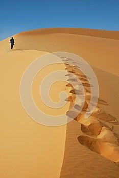 Nomad walking up a sand dune in the Sahara