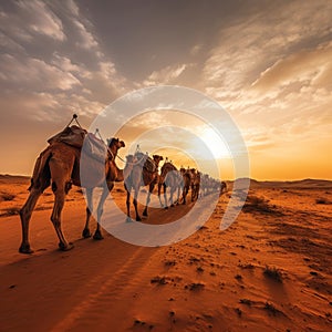 the nomadic journey of a herd of camels, crossing vast desert expanses in search of oases by AI generated