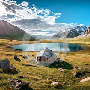 Nomadic Tents (Yurt) at the Song Kol Lake, Kyrgyzstan. Generative AI