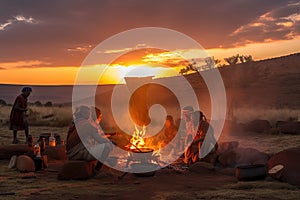 nomadic tribe cooking over open fire, with view of the sunset