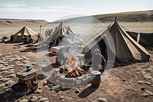 nomadic tribe setting up camp with tents, fire, and cooking pots