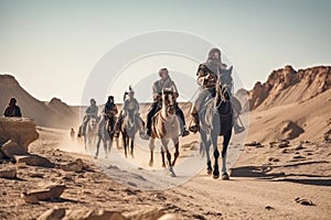 nomadic tribe traveling on horseback in open desert