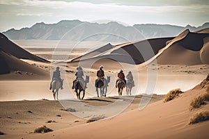 nomadic tribe traveling on horseback in open desert