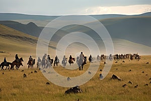 nomadic tribe, traveling on horseback through the open grasslands