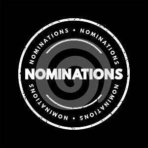 Nominations - part of the process of selecting a candidate for either election, or the bestowing of an honor or award, text