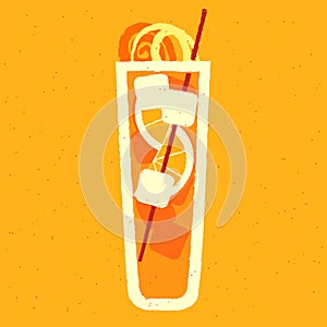 Non-alcoholic cocktail with orange, ice cubes and zest. Tall glass for beverage