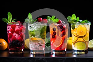 Non-alcoholic colorful drinks with different flavors and serving cocktails in glasses