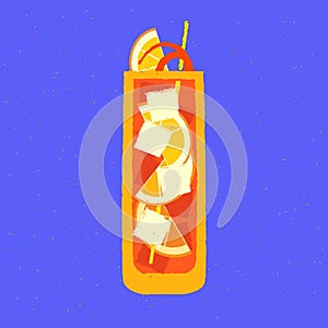 Non-alcoholic drink. Cocktail with orange, ice cubes and zest. Tall glass