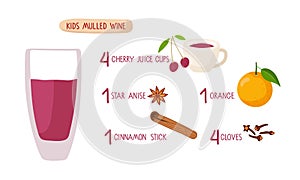 Non-alcoholic recipe of mulledwine for kids. Winter Glass with red spicy ingredients for recipe for cooking. Flat
