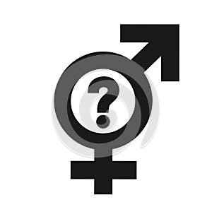 Non binary gender and sex - male and female symbol with question mark. Ambiguity and ambiguous and unknown binarism.