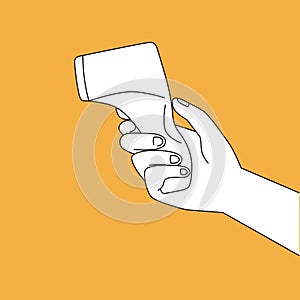 Non-contact digital thermometer Gun in hand. Temperature check. Coronavirus prevention. Contour  vector illustration on yellow bac