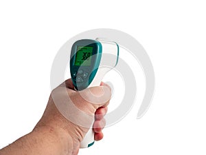 Non-contact electronic thermometer for measuring body temperature.
