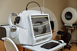 Non-contact optical coherence tomograph for visualization of the anterior and posterior segments of the eyeball. Medical equipment