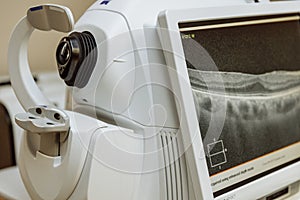 Non-contact optical coherence tomograph for visualization of the anterior and posterior segments of the eyeball. Medical equipment