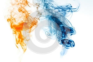 non-contiguous curls of thick blue and orange smoke, like a chemical reaction, an art object against a white background