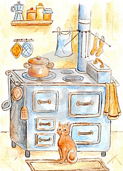 Non-digital freehand illustration of an old wood-fired kitchen