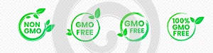 Non gmo and gmo free badges in bright green color with leaves icons. Round eco friendly emblems for promotion