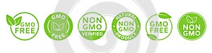 Non GMO labels. GMO free icons. Healthy food concept. Organic cosmetic. No GMO design elements for tags, product package