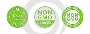 Non GMO labels. GMO free icons. Healthy food concept. Organic cosmetic. No GMO design elements for tags, product package