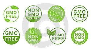 Non GMO labels. GMO free icons. Organic cosmetic. Healthy food concept. No GMO design element for tags, product packag