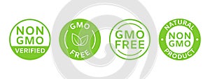 Non GMO labels. GMO free icons. Organic and natural cosmetic. Eco, vegan, bio. Healthy food concept. No GMO design