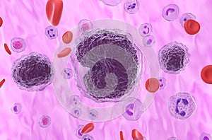 Non-hodgkin lymphoma NHL cells in the blood flow - closeup view 3d illustration photo