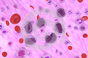 Non-hodgkin lymphoma NHL cells in the blood flow - isometric view 3d illustration photo
