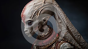 Non-human biological alien being in traditional clothing, black background UFO. Generative ai