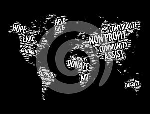 Non Profit word cloud in shape of world map, social concept background