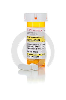 Non-Proprietary Medicine Prescription Bottle and Pills Isolated