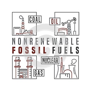Non-renewable sources of energy. Linear vector illustration with pictograms