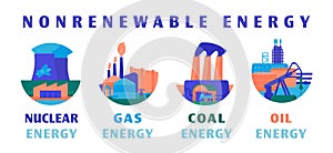 Non-renewable sources of energy. Editable vector illustration