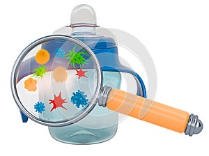 Non-spill baby cup with germs and bacterias under magnifying glass, 3D rendering