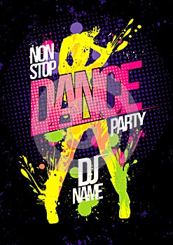 Non stop dance party poster with dancing woman silhouette made from blots