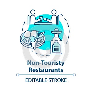 Non touristy restaurants concept icon. Inexpensive lunch, affordable dinner idea thin line illustration. Money saving photo