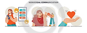 Non-verbal communication set. Body language through interpersonal
