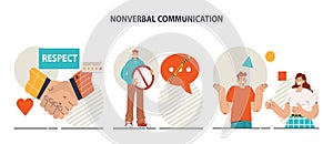 Non-verbal communication set. Body language through interpersonal