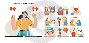 Non-verbal communication set. Body language through interpersonal