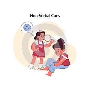 Non-verbal cues concept. Girl with magnifying glass observes distressed