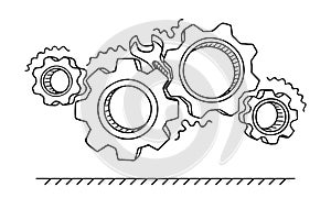 Non-working gears. Broken mechanism with a wrench vector illustration. Jammed mechanism photo