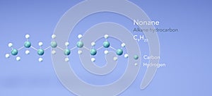 nonane, molecular structures, Alkane hydrocarbon, 3d model, Structural Chemical Formula and Atoms with Color Coding photo