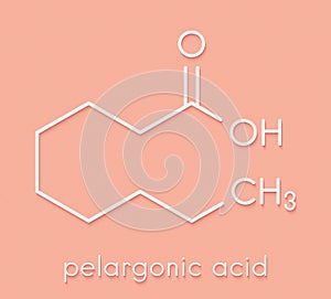 Nonanoic acid pelargonic acid molecule. Ammonium salt used as broad-spectrum herbicide. Skeletal formula.