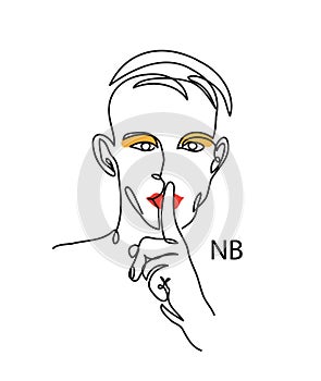 Nonbinary, enby, NB person concept. Man with make up and shh gesture. Simple vector illustration, man face line art